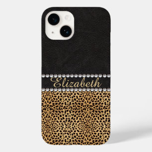Coque Pour iPhone 14 Motif Léopard Strass Diamants Monogramme