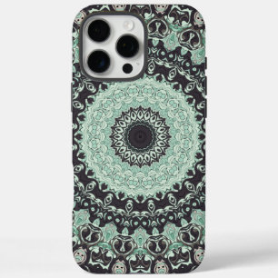 Coques iPhone 16 Pro Max Motif Mandala Vert Menthe et Charbon