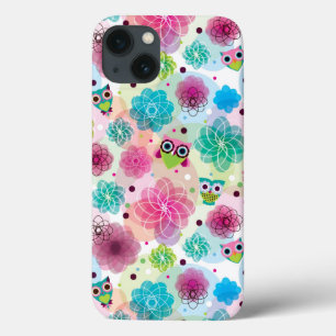 iPhone 13 Coque Motif mignon d'arrière - plan de hibou de fleur