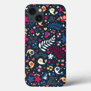 iPhone 13 Case motif mignon d'oiseaux et de fleurs