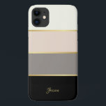 Case-Mate iPhone Case Motif moderne élégant avec nom<br><div class="desc">Elégant et féminin, ce design épuré présente de larges rayures horizontales dans le crème, le rose, le taupe et le noir avec de fines lignes dorées qui divisent les couleurs des rayures. Un modèle de texte est inclus pour personnaliser avec votre nom, vos initiales de monogramme ou tout autre texte...</div>