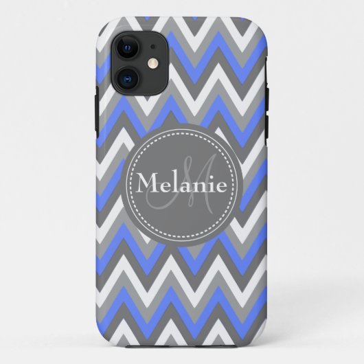 Coques Case-Mate iPhone Motif Monogramme de Cornflower Bleu & Gris Chevron (Dos)