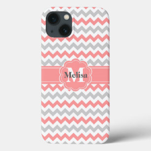 Etui iPhone 13 Motif monogramme gris rose chevron zigzag
