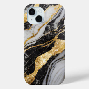 Coque Pour iPhone 15 Motif noir et Marbre blanc avec or
