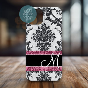 Coque iPhone 15 Mini Motif noir et rose Grunge Damask Monogramme