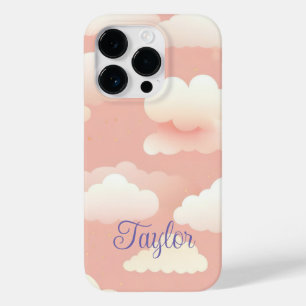 Coque Pour iPhone 14 Pro motif nuageux mignon sur ciel rose avec nom