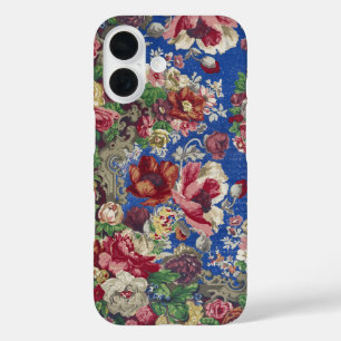 Coques iPhone 16 Motif ornemental de rose victorienne bleu royal