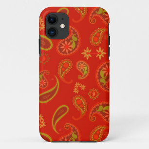 Coque iPhone 11 Motif Paisley Rouge Piment et Vert Citron