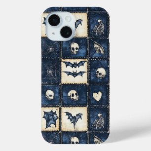 Coque Pour iPhone 15 Motif patchwork en jean Halloween gothique