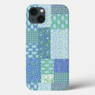 iPhone 13 Coque Motif Patchwork Faux Bohème Floral Bleu de Pervenc