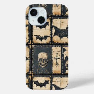 Coque Pour iPhone 15 Motif patchwork Halloween en denim rustique
