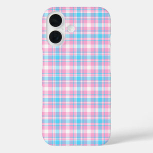 Coques iPhone 16 Motif Plaid bleu clair, rose et blanc