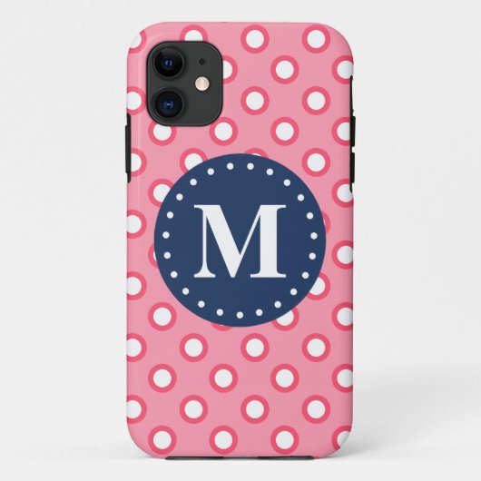 Coques Case-Mate iPhone Motif Pois rose Monogramme bleu (Dos)
