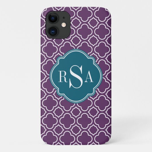 Coques Case-Mate iPhone Motif Quatrefoil bleu triple monogramme (Dos)