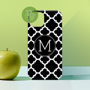 Coque Pour iPhone 14 Motif Quatrefoil noir et blanc Monogramme personna