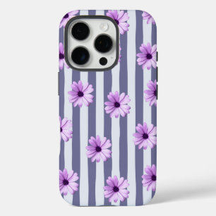 Coques iPhone 16 Pro motif rayé avec marguerites violettes