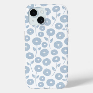 Coque Pour iPhone 15 Motif répété de fleurs floues bleu sur blanc