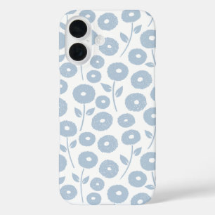 Coques iPhone 16 Motif Répété Fleur Floue Bleu sur Blanc
