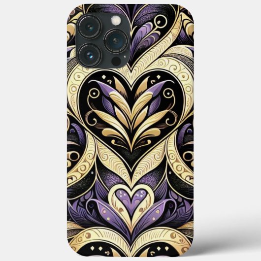 Coques Case-Mate iPhone Motif répétitif de coeur noir violet or (Verso)