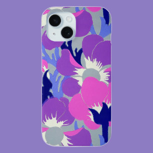 Coque Pour iPhone 15 Motif rétro de fleur d'Anémone rose et violet gras