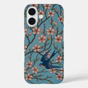 Coques iPhone 16 Motif rétro de l'hirondelle à fleurs bleues par Wa