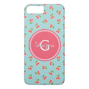 Coque iPhone 8 Plus/7 Plus Motif rétro girly turquoise cerise monogramme