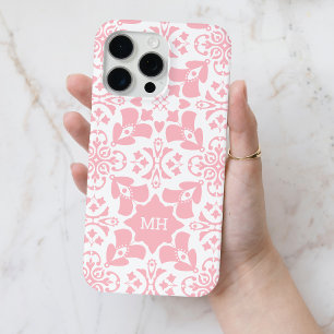 Coque iPhone 15 Pro Max Motif rose monogramme avec initiales blanches