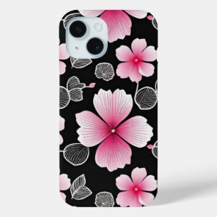 Coque Pour iPhone 15 Motif Sakura rose mignon sur Arrière - plan noir
