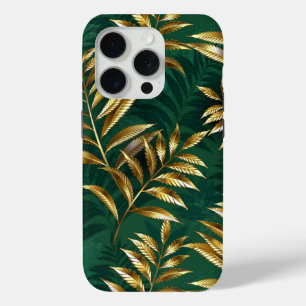 Coque iPhone 15 Pro Motif sans couture avec des fougères dorées
