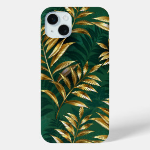 Coque iPhone 15 Mini Motif sans couture avec des fougères dorées