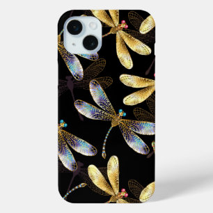 Coque iPhone 15 Mini Motif sans couture avec libellules d'or