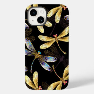 Coque Pour iPhone 14 Motif sans couture avec libellules dorées