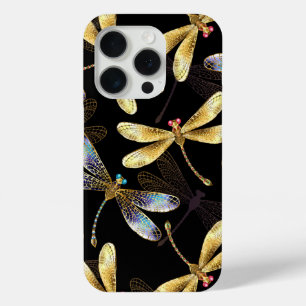 Coque iPhone 15 Pro Motif sans couture avec libellules dorées