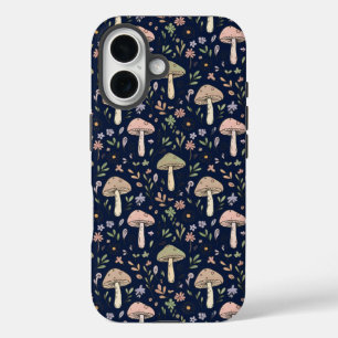 Coques iPhone 16 Motif sans couture de champignons Navy Profond Aca