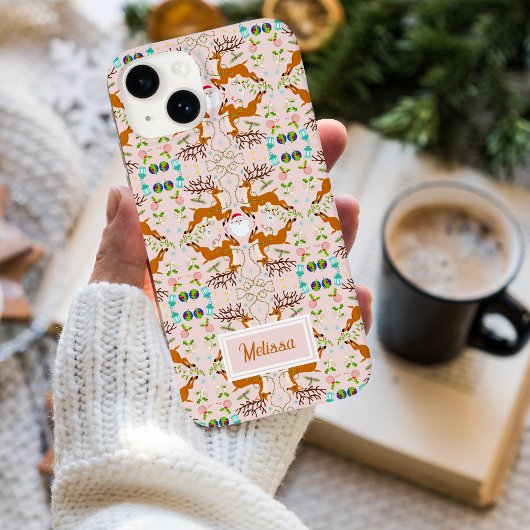 Coques Case-Mate iPhone Motif sans couture de rennes de Noël rose