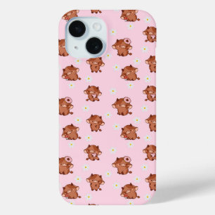 Coque Pour iPhone 15 Motif sans couture de vaches highland Kawaii rose