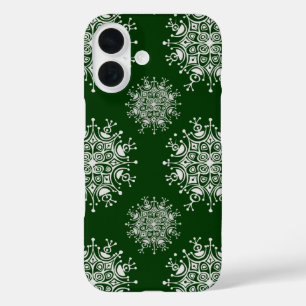 Coques iPhone 16 Motif tempête de neige verte flocon de Noël vintag