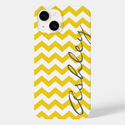 Coques Case-Mate iPhone Motif tendance Chevron avec nom - gris jaune (Verso)