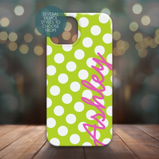Coques Case-Mate iPhone Motif tendance Polka Dot avec nom - vert rose