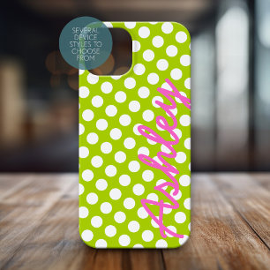 Coques iPhone 16 Motif tendance Polka Dot avec nom - vert rose