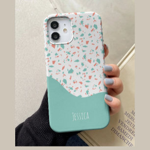 Coque Pour iPhone 14 Motif Terrazzo Personnalisé Bleu Pastel et Rose