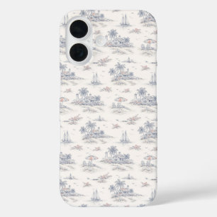 Coques iPhone 16 Motif Toile de Jouy Tropical et Bleu Côté Mer