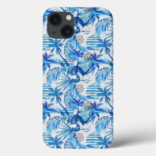 Etui iPhone 13 Motif tropical bleu lumineux d'aquarelle