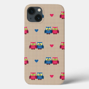 Etui iPhone 13 Motif vérifié avec des hiboux d'amour