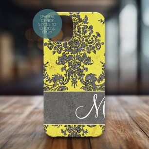 Coques iPhone 16 Motif Vintage de Damas gris jaune Monogramme