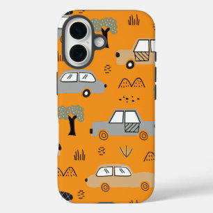Coques iPhone 16 Motifs sans couture de voitures rétro minimalistes