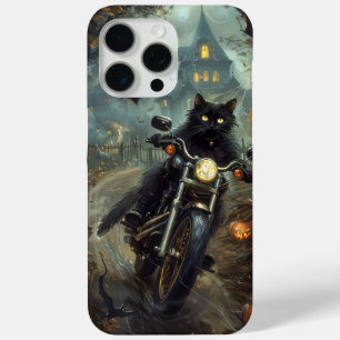 Coque iPhone 15 Pro Max Moto à équitation Chat Noir Halloween effrayant