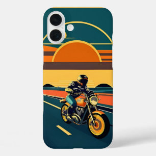 Coques iPhone 16 Plus Motocycliste au style rétro dans un coucher de sol