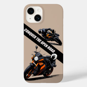 Coque Pour iPhone 14 Motorcycliste sur un vélo élégant noir et orange