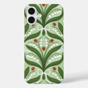 Coques iPhone 16 Plus Muguet et coccinelles symétrie en vert,